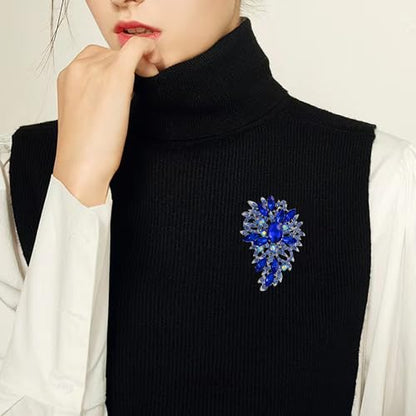 SELOVO Women's Rhinestone Crystal Wedding Flower Leaf Sparkle Brooch Pin - color: Blue