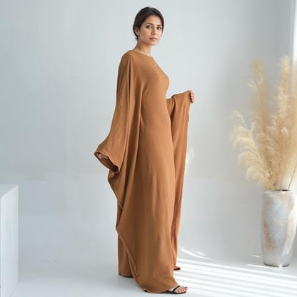 Abaya Dress for Women Soft Crepe Like Linen Khimar Butterfly Batwing Dubai Islam Muslim Kaftan Modest Prayer Dress - color: Khaki, size: Medium