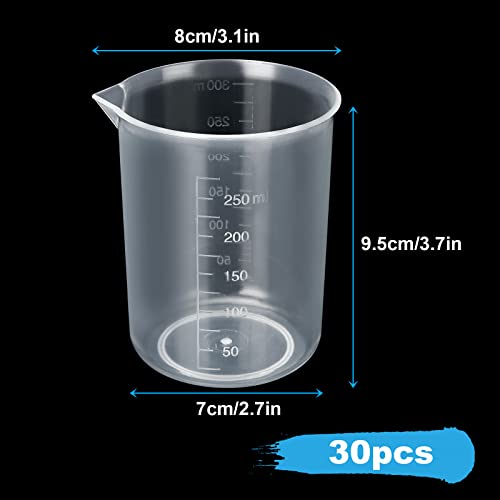30 Pack 250ml Plastic Graduated Beakers - Clear Mixing Cups with Dripless Spout & Embossed Scale for Epoxy Resin, Paint, Science Lab & Kitchen Use - size: 250ML