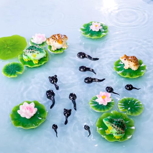 29Pcs Mini Artificial Pond Accessories Miniature Frog Tadpole Lotus and Water Lily Pad Figurines Resin Tiny Cake Toppers Decor for DIY Fairy Garden Bonsai Moss Landscape Aquarium Crafts