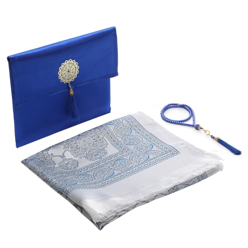 Muslim Prayer Rug and Beads with Portable Bag, Muslim Gifts for Women Men, Janamaz, Sajadah, Soft Mat Islam Gifts Set, Turkish Sajadah for Ramadan, Eid, Hajj, Travel, Pray - color: Blue