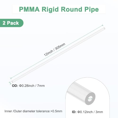 M METERXITY 2-Pack Clear Rigid Acrylic Pipe, 3mm[0.12"] ID x 7mm[0.28"] OD Plastic Round Tube for Water Cooling System/Lamps/Fountains/Aquariums/Display Stand, Acrylic Tubing [305mm/12IN] - size: 3mm ID x 7mm OD