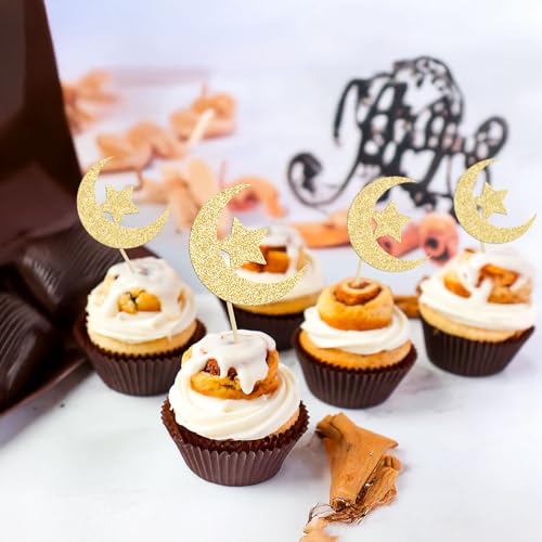 36 Pack Gold Glitter Moon and Star Eid Mubarak Cupcake Topper Ramadan Kareem Party Supplies Islamic Muslim Party Decorations - color: Gold-3