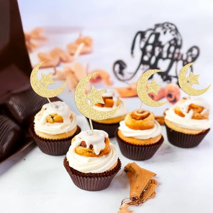 36 Pack Gold Glitter Moon and Star Eid Mubarak Cupcake Topper Ramadan Kareem Party Supplies Islamic Muslim Party Decorations - color: Gold-3