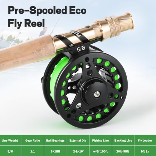 PLUSINNO Fly Fishing Rod and Reel Combo Kit, Fly Fishing Rod for Starters | 4 Piece Lightweight Ultra-Portable Graphite 5 Wt -9' Fly Rod, 5/6 Reel, Complete Starter Package with Carrying Bag