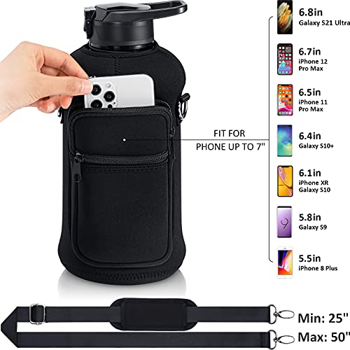 Fimibuke Half Gallon Water Bottle with Sleeve 64 OZ Water Bottle with Handle & Straw Leakproof Motivational Sports Gym Water Bottle with Time Marker BPA Free Water Jug with Reusable Neoprene Holder - color: A3.Black