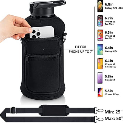 Fimibuke Half Gallon Water Bottle with Sleeve 64 OZ Water Bottle with Handle & Straw Leakproof Motivational Sports Gym Water Bottle with Time Marker BPA Free Water Jug with Reusable Neoprene Holder - color: A3.Black