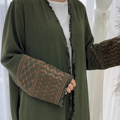 Muslim Dresses for Women Ramadan Kimono Long Sleeve Embroidered Islamic Cardigan Prayer Dress Abaya Kaftan with Belt - color: Green, size: X-Large