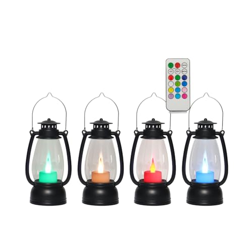 LLQ Small Western Lanterns Decorative with Remote Timer & Color Changing for Table Centerpieces, Small Lanterns Vintage Camping Hanging Lamp Ornaments for Cowboy Wedding Halloween Christmas, 4-Pack - color: Light Black