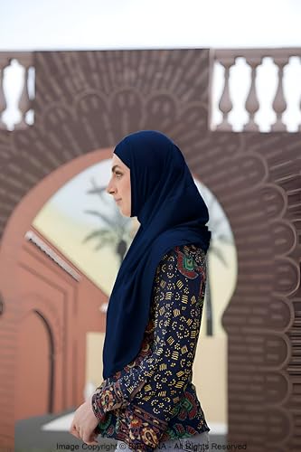 SARJANA Women's Solid Color Cotton Hijab with Under Scarf Cap Ready to Wear Stretch Scarves Long Scarfs FREE SIZE - color: Navy Blue