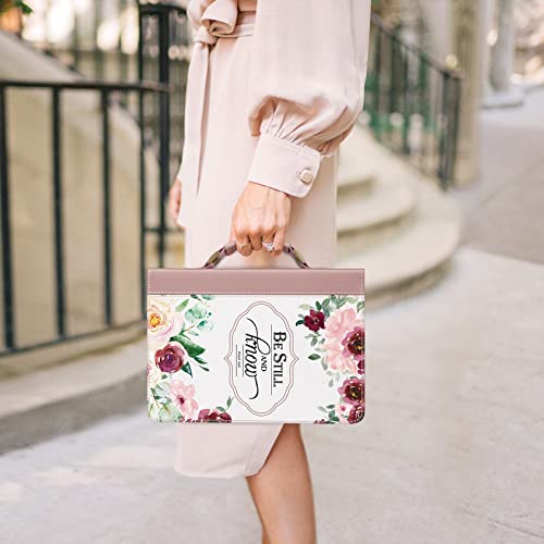 FINPAC Large Classic Bible Cover Vegan Leather Carrying Book Case Church Bag Bible Protective with Handle, Gift for Women, Mother, Friends, Rose Garden - color: Pinkish Purple Rose