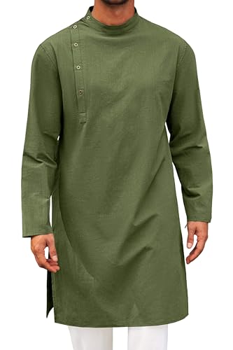 Runcati Mens Kaftan Thobe Robe Long Sleeve Muslim Gown Kurta - color: Army Green, size: Large