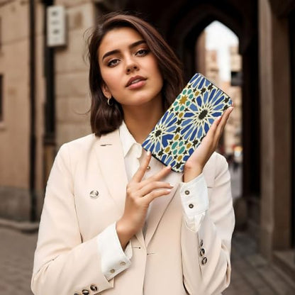 Geometric Islamic Art PU Leather Long Wallet for Women Men, Zipper Clutch Wallet RFID Card Holder Organizer - color: Geometric Islamic Art