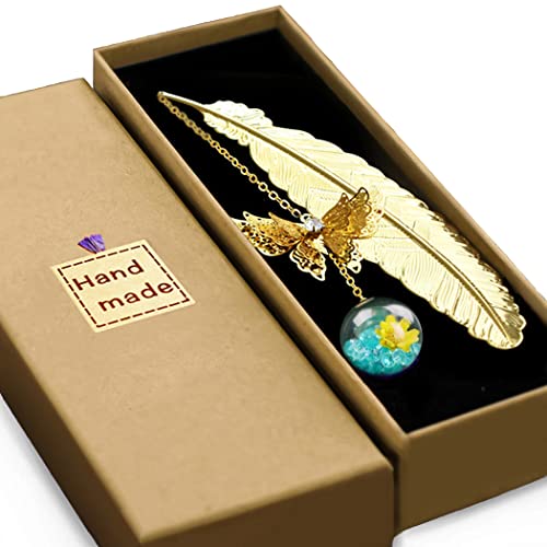 Metal Feather Bookmark,Mothers Day Teacher Appreciation Gifts for Women - color: Golden.blue Yellow Flower
