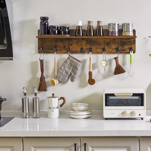 31.5" Coat Rack Wall Mount with Shelf and 8 Hooks, Rustic Brown, HWS006H-2 | 2 Pack Coat Hooks Key Holder Wall Mount, Wood Wall Mounted Coat Rack with Wall Hooks for Hanging, Towel Hooks for Bathroom - color: Rustic Brown