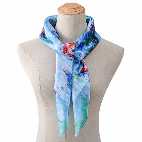 100% Mulberry Silk Scarf-Printed or Solid Color 35” Square Large Silk Hair Head Wrap Scarf With Gift Box Package - color: I Pattern: Blooming Candock
