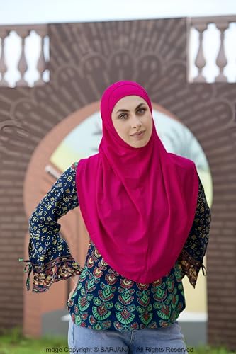 SARJANA Women's Solid Color Cotton Hijab with Under Scarf Cap Ready to Wear Stretch Scarves Long Scarfs FREE SIZE - color: Magenta
