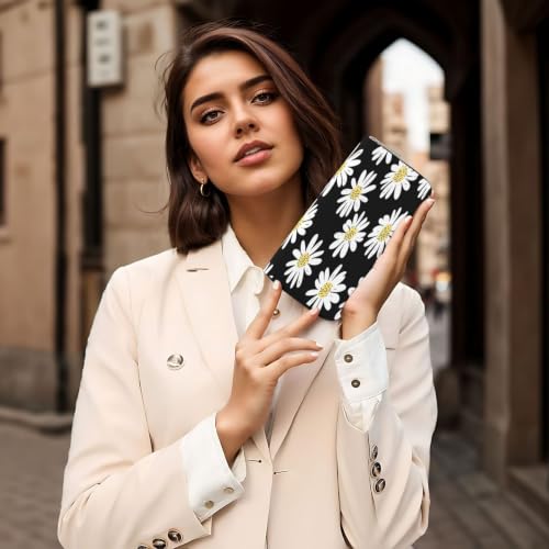 Daisy Flowers PU Leather Long Wallet for Women Men, Zipper Clutch Wallet RFID Card Holder Organizer - color: Daisy Flowers