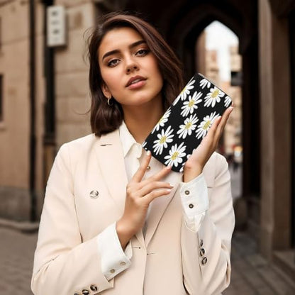 Daisy Flowers PU Leather Long Wallet for Women Men, Zipper Clutch Wallet RFID Card Holder Organizer - color: Daisy Flowers