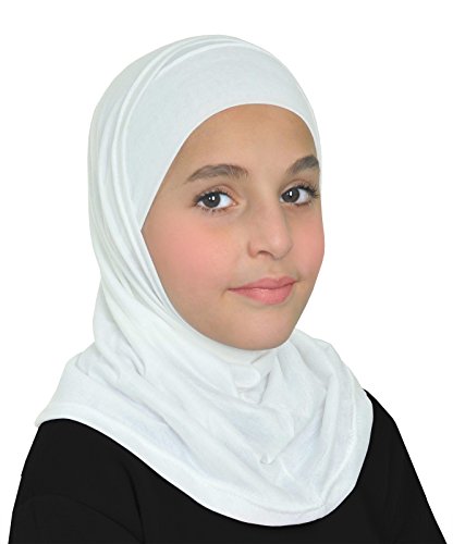 Girls Hijab Muslim Kids Amira 2 piece Instant Head Scarf Easy Pull On Hood & Tube Cap - color: Medium - White, size: Medium