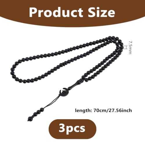 DICOSMETIC 3Pcs Islamic Rosary Necklace Black Acrylic Tasbih Prayer Beads 99 Prayer Beads Necklace with Star Moon Charm and Tassel Decor Religious Gift for Women Men, 27.56 Inch - color: Black