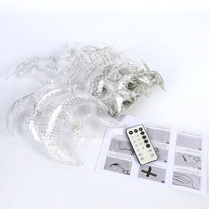 WATERGLIDE 138 LED Star Moon Curtain Decorative Lights, Window Curtain Fairy String Lights, Remote Control & USB Plug, 8 Lighting Modes for Home Holiday Ramadan Christmas Wedding Party, Warm White