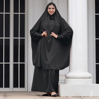Abayas for Women Muslim Chiffon Prayer Burqa Dress Burkas for Women Muslim Hijab Dress Full Length Islamic Veil Abaya Set - color: Black