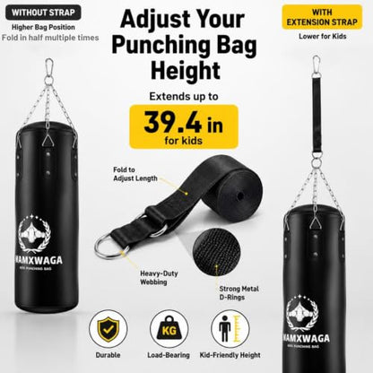 Kids Punching Bag Set Unfilled, Hanging Boxing Bag Kickboxing Bag with Boxing Gloves, Kids Boxing Set for 3-12 Years, for Youth Karate Muay Thai Kick Taekwondo Training