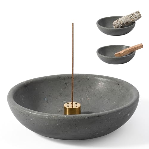 Koville Natural Marble Incense Holder, Incense Holder for Sticks with 9 Holes, Handmade Incense Burner Ash Catcher for Meditation Yoga SPA, Balsam Fir/Palo Santo/Sage/Cone (Gray) - color: D=150-gray