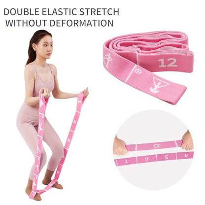 Yoga Strap with 10/12 Loops - Multi-Functional Stretch Band for Pilates, Dance, Gymnastics, Physical Therapy, Flexibility & Resistance Training, Ballet, Latin Workouts - color: Pink
