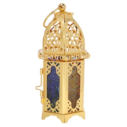 6.7'' Moroccan Lanterns Decorative Indoor & Outdoor Vintage Candle Holder Hanging Tabletop Metal Ramadan Lanterns with Six Color Glasses for Home Patio Porch Decor (Gold) - color: Gold