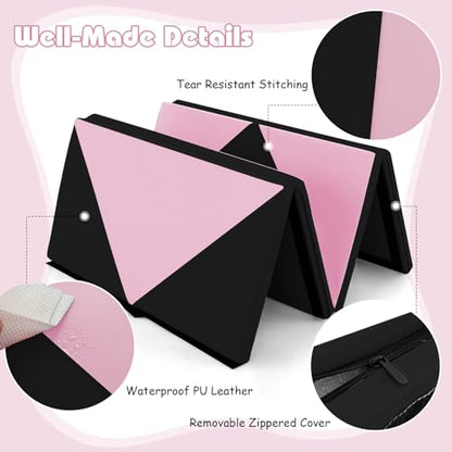 Goplus Gymnastics Mat, Folding Tumbling Mat with Carry Handles, Hook & Loop Fasteners, 4 Panels for Fitness Exercise Yoga Stretching Aerobics Workouts, Thick Gym Mats for Home - color: Pink&Black