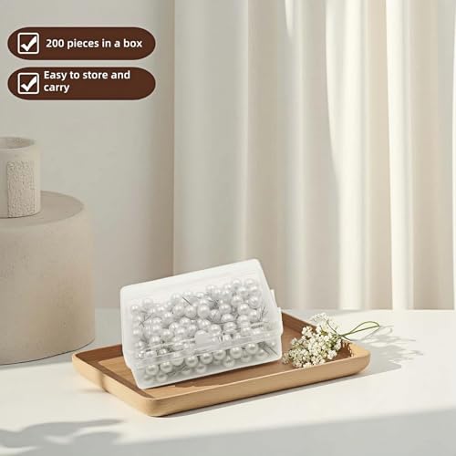 200PCS Pearl Head Pins, Decorative Pearl Ball Map Tacks with Plastic Storage Box, White Pearl Pushpins for DIY Wedding, Crafts, Sewing, Bulletin Board, Fabric Positioning (Pearl White)