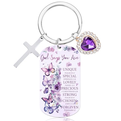 Christian Gifts Keychain for Women, Inspirational Bible Verse Religious Faith Gift for Girls Sister Mum Friend - color: Purple Dog Tag Cross Charm 01