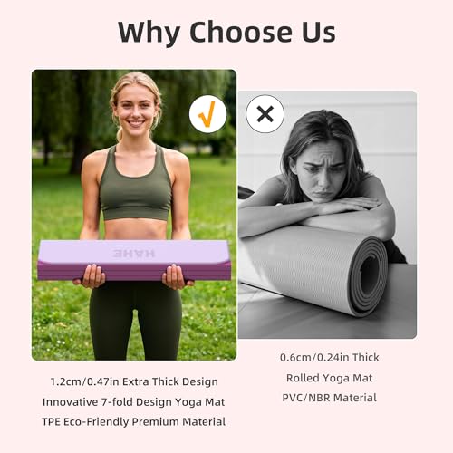 HAHE 7-Fold Design Extra Thick Yoga Mat 72"L x 24"W x 0.47",TPE Fitness Exercise Mats, Non-Slip Foldable Yoga Mat, High Density, Portable for Men & Women, Yoga, Pilates, Home Gym - color: Deep Pink & Light Pink