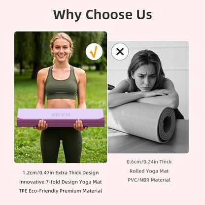 HAHE 7-Fold Design Extra Thick Yoga Mat 72"L x 24"W x 0.47",TPE Fitness Exercise Mats, Non-Slip Foldable Yoga Mat, High Density, Portable for Men & Women, Yoga, Pilates, Home Gym - color: Deep Pink & Light Pink