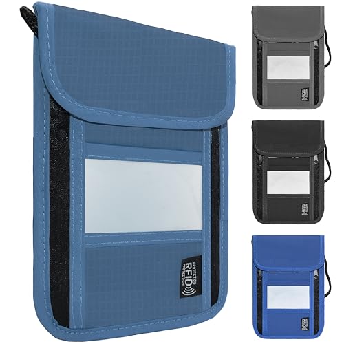 Travel Neck Wallet with RFID Blocking – Passport Holder Organizer Neck Pouch – Portable Easy to Conceal Travel Pouch (PVC Dark Blue) - color: PVC Dark Blue