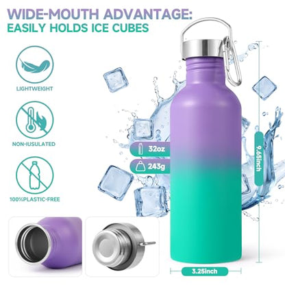 Volhoply 32oz Uninsulated Single Walled Water Bottle, Stainless Steel Sports Water Bottles with Handle, BPA Free Lightweight Water Bottles for Hiking, Biking, Running（Purple Green,1） - color: Purple Green