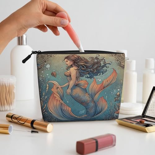 Mermaid Ocean Fantasy Fake Hemp Makeup Bag Travel Bags Toiletry Pouch With Zipper 9.45 X 6.7 In - color: Mermaid Ocean Fantasy