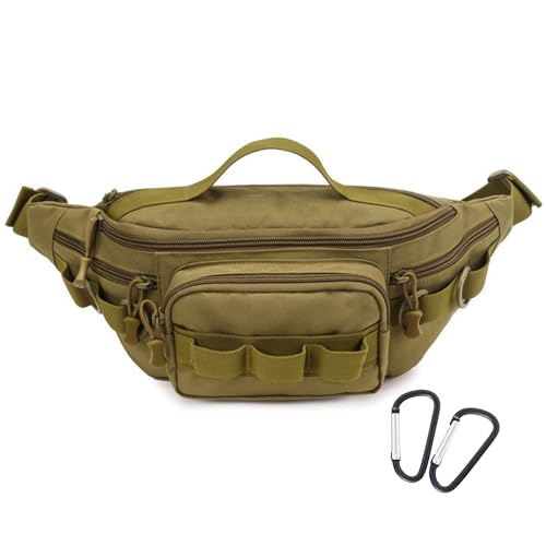 Tactical Fanny Pack,Small Fishing Tackle Bag Water-Resistant Military Waist Bags Portable Fishing Storage Waist Packs for Outdoor Fly Fishing Hiking Climbing with 2 PCS Mini Carabiners (Tan) - color: Tan