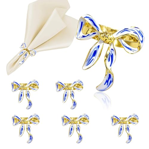 Christmas Bow Napkin Rings Set of 6 Blue White Porcelain Butterfly Knot Napkin Holders for Asian Thanksgiving New Year Party Decor,Chinoiserie Table Setting for Wedding Brithday & Home Daily - style: Bow