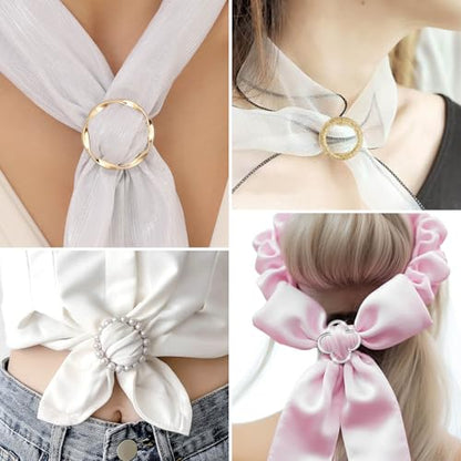 10 PCS Scarf Rings for Women, T-Shirt Tie Clips with 1 Storage Bag, Pearl Belt Buckles, Dress Cinch Clip, Silk Scarf Ring, Pearl/Heart-Shaped Buckles For Clothes Hat Belt Decor