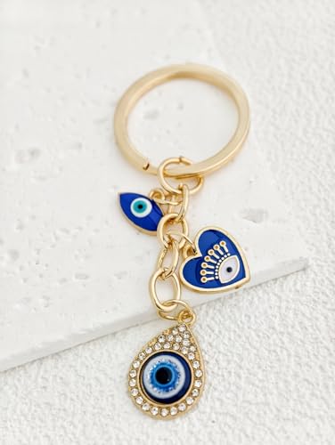Blue Evil Eye Keychain Hamsa Hand Protection Keyring Good Luck Amulet for Purse Keys,Spiritual Gift for Women Men - color: Gold-1