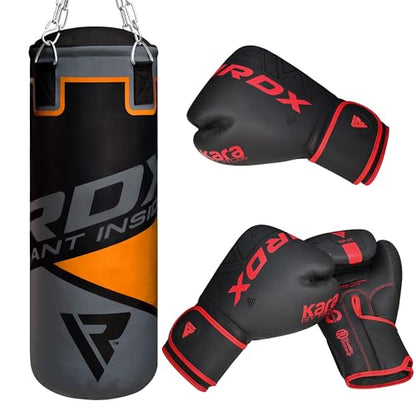 RDX Kids Punching Bag 2FT with Punch Gloves, Unfilled Boxing Set, Non Tear Maya Hide Leather Junior Hanging Bag, Kickboxing MMA Grappling Muay Thai Karate Taekwondo BJJ Training - color: Orange
