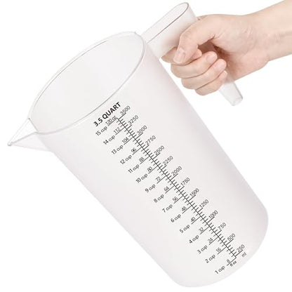 120oz Plastic Measuring Pitcher, 3500ml for Oil, Chemicals & More | Clear laser-etched markings, easy-pour spout, sturdy handle, and large 120oz capacity for measuring and mixing liquids. - size: 120 Ounces