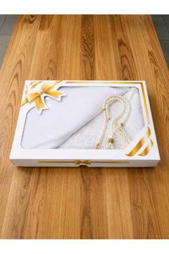 Islamic Gift Set with Headscarf Prayer Rug and Rosary in Special Box - White Cotton - appropriate for Ramazan Kandil Mevlid Hajj Umrah Wedding Engagement and Special Occasions - White, 28x43 inch