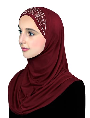 Aiyah Hijab for Girl's 1 piece Elastane-Spandex Amira Head Scarf with Rhinestones Easy Pull-on Headscarf - color: Large - Burgundy, size: Large