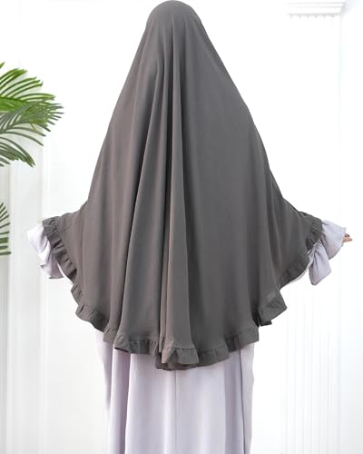 Muslim Prayer Hijab Solid Color Ruffled Head Scarf Women Islamic Head Cover Khimar - color: Dark Grey