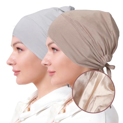 Women Under Hijab Cap Islamic Underscarf Turbans for Women Solid Color Hijab Bonnet Caps Muslim Scarf Inner Cap - color: Light Grey+light Khaki