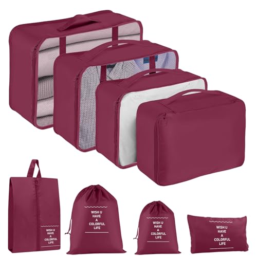 Packing Cubes for Travel 8 Set Luggage Organizer Bags - color: Red, size: 8 Set